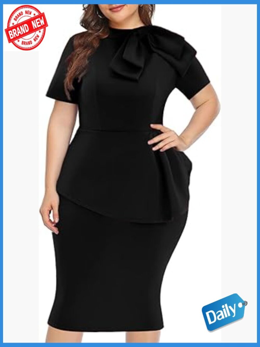 Plus Size Curvy Peplum Pencil Midi Dress Short Sleeve Ruffle